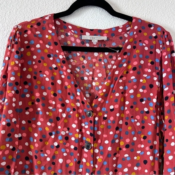 LOFT Women Maxi Dress 10 Burnt Orange Polkadots Front Button Long Sleeve Cottage - Picture 4 of 11